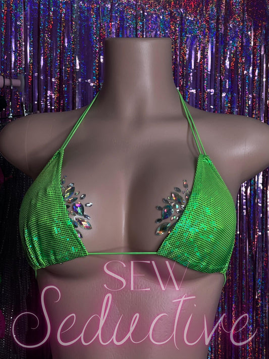 Neon Green - Bikini and Fishnets - Three Piece Set