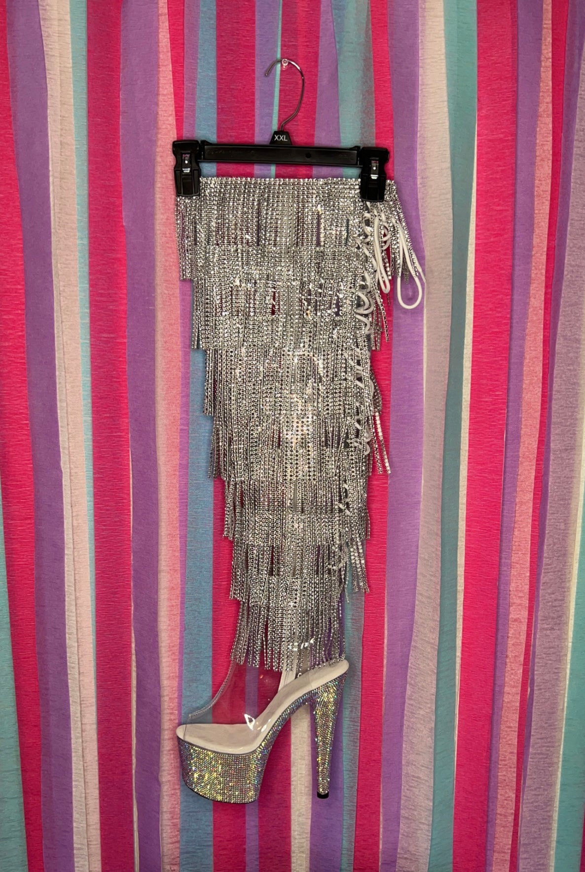 Silver Fringe Exotic Heels - Fully Stoned 7Inch Bottoms